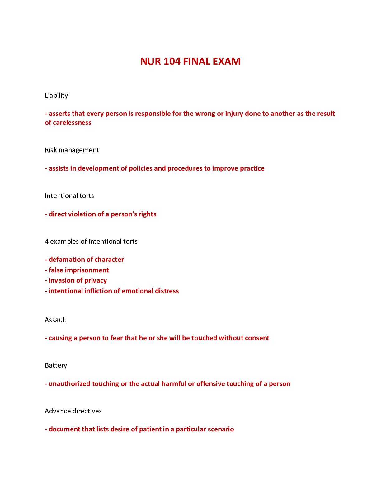Preview of NUR 104 / NUR 104 FINAL EXAM - 100% CORRECT